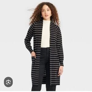 Open Cardigan Black with Tan Stripes, Pockets Size S